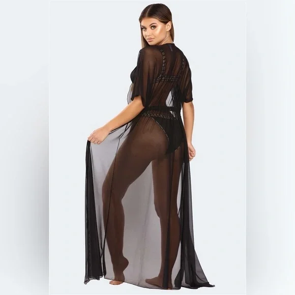 PLUS SIZE Black Sheer Mesh Midi Sleeve Drawstring Waist Maxi Kimono Cover Up - Picture 8 of 9